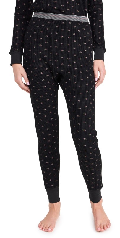THE GREAT. The Waffle Long John Sweatpants Black Mini Heirloom Rose