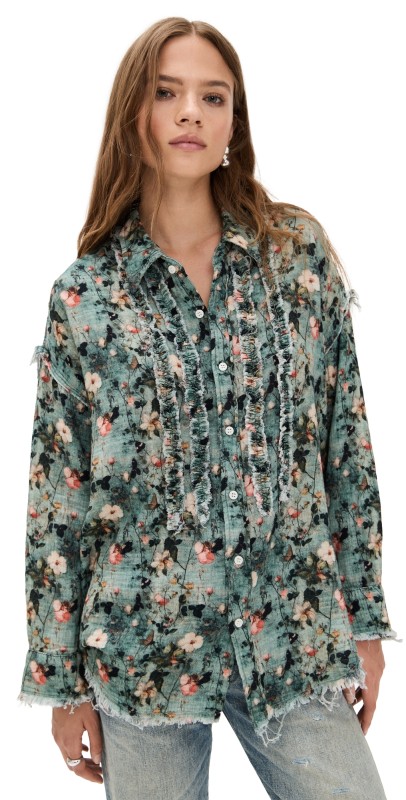 R13 Shredded Seam Ruffle Shirt Turquoise Floral