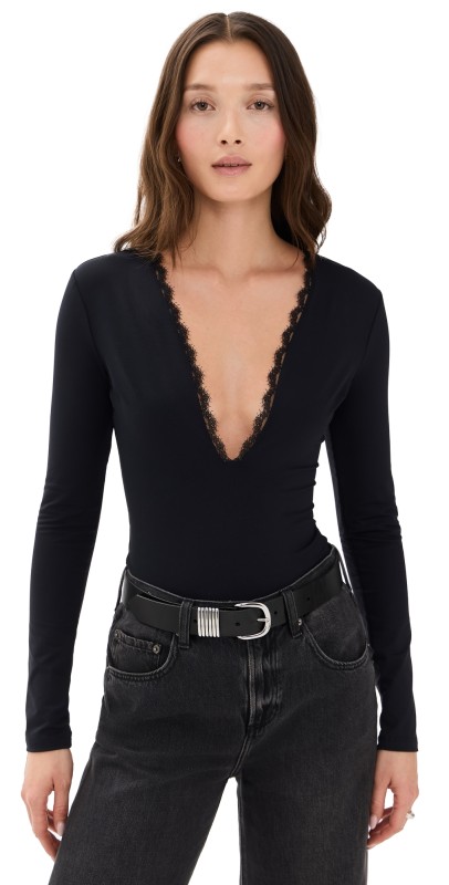 Fleur du Mal Margo Lace Long Sleeve Thong Bodysuit Black