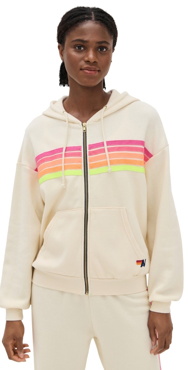 Aviator Nation 5 Stripe Relaxed Zip Hoodie Vintage White/Neon