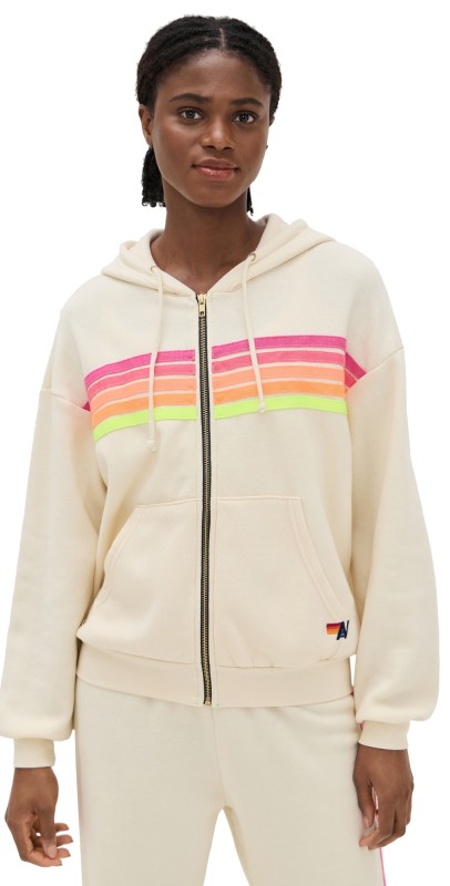 Aviator Nation 5 Stripe Relaxed Zip Hoodie Vintage White/Neon