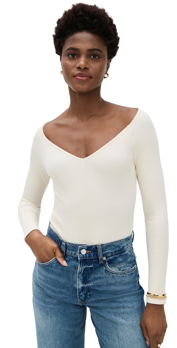 L'AGENCE Winona Wide V Neck Thong Bodysuit Ivory