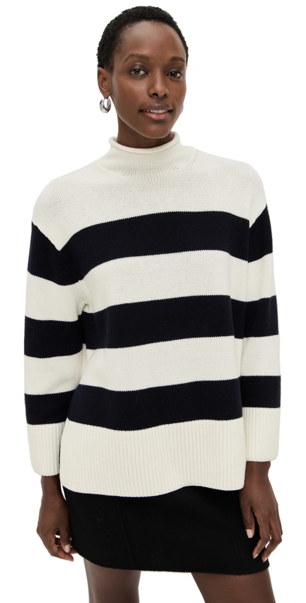 Vince Oversized Striped Roll Neck Pullover Off White/Coastal