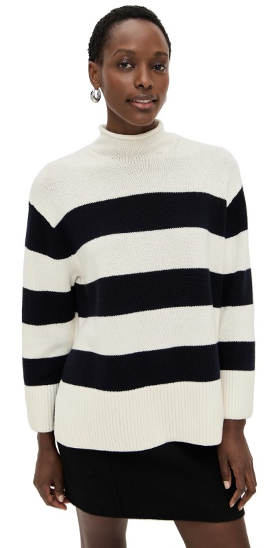 Vince Oversized Striped Roll Neck Pullover Off White/Coastal