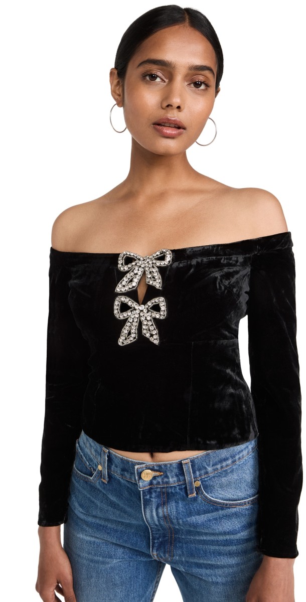 Self Portrait Velvet Bow Top Black