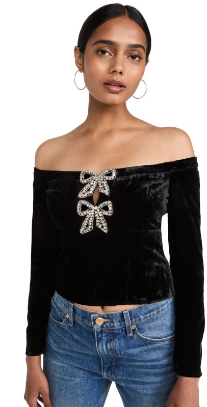 Self Portrait Velvet Bow Top Black