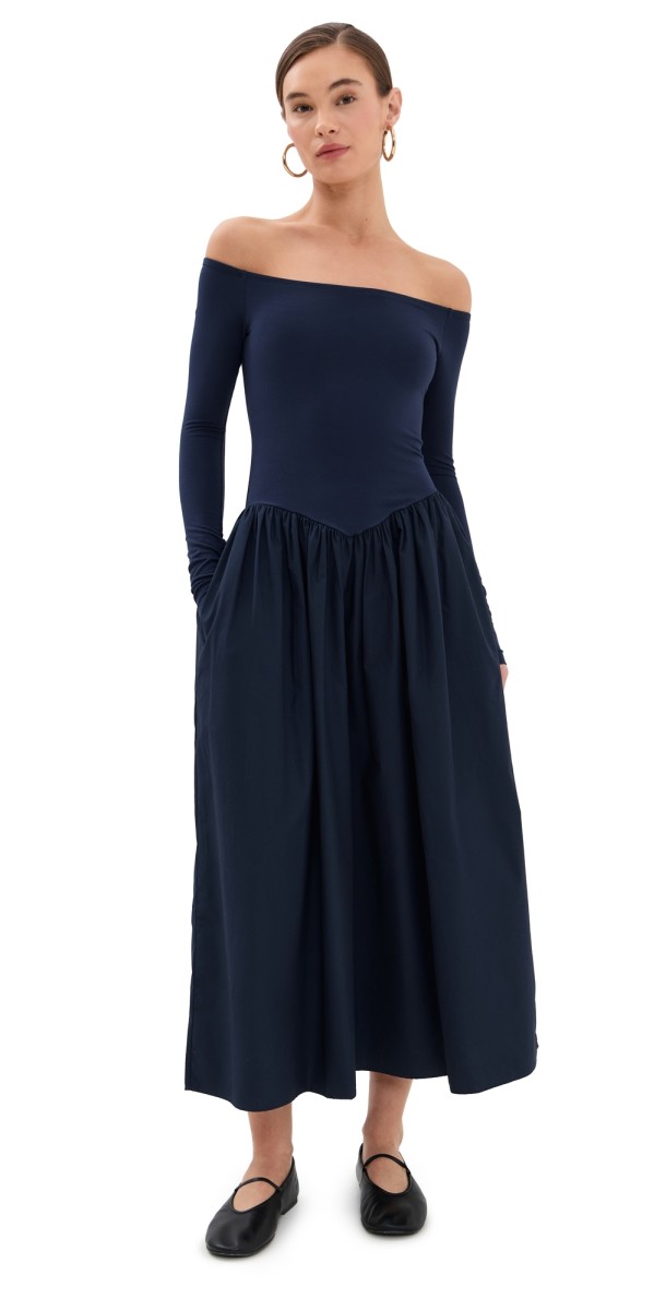 LE BOP Colette Mixed Fabric Off Shoulder Dress Latte