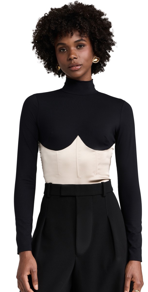 Fleur du Mal Mock Neck Long Sleeve Bodysuit Black/Bone