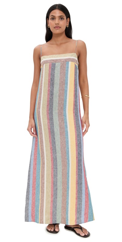 STAUD Laura Linen Dress Market Stripe