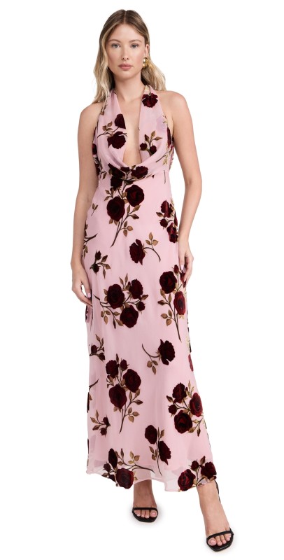 For Love & Lemons Rose Velvet Halter Maxi Dress Rose