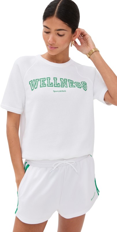Sporty & Rich Wellness Ivy Flocked Short Sleeve Crewneck Sweatshirt White/Verde