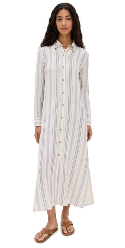 Faherty Dune Cotton Gauze Isla Shirtdress Aqua Sea Stripe