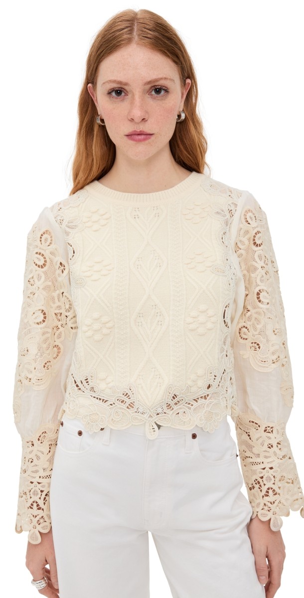 Sea Vania Lace Combo Sleeve Sweater Cream