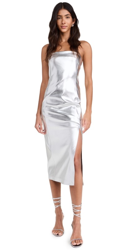 alice + olivia Kelly Shiny Faux Leather High Slit Midi Dress Silver