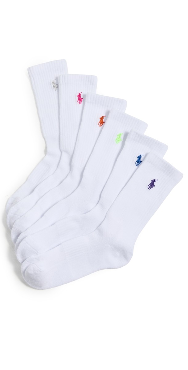 Polo Ralph Lauren Crew Sport Socks 6 Pack White Assorted Bright Pony