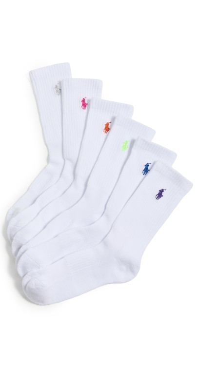 Polo Ralph Lauren Crew Sport Socks 6 Pack White Assorted Bright Pony