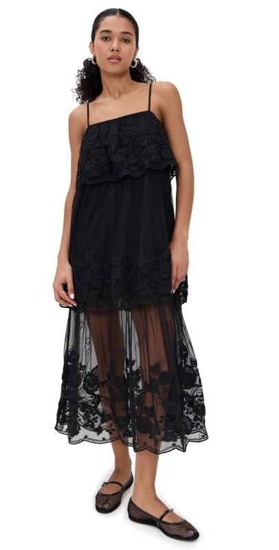 Sea Arielle Lace Tank Tiered Midi Dress Black