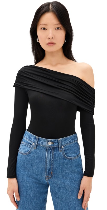 alice + olivia Mollie Off Shoulder Convertible Thong Bodysuit Black