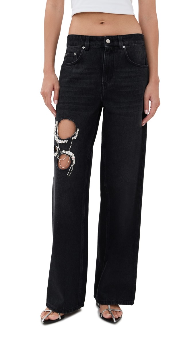 AREA Crystal Chain Cutout Relaxed Jeans Washed Black