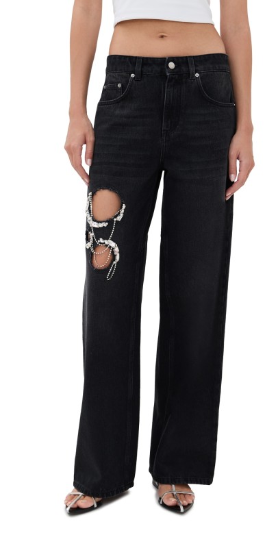 AREA Crystal Chain Cutout Relaxed Jeans Washed Black
