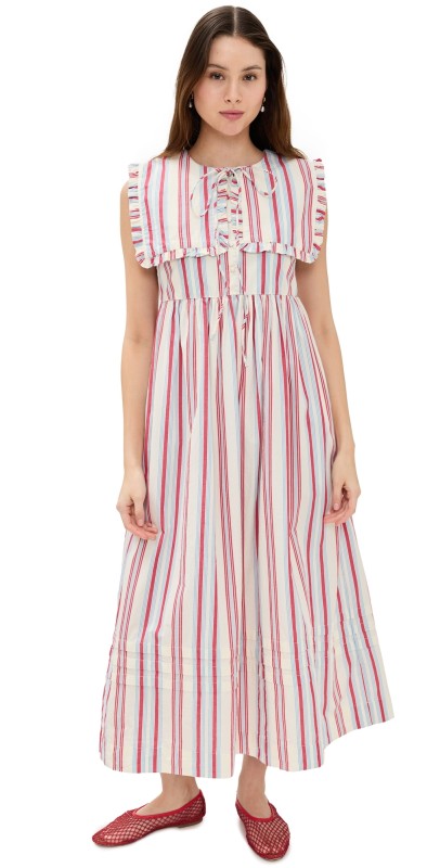 Damson Madder Josephine Midi Dress Butter Cherry Stripe