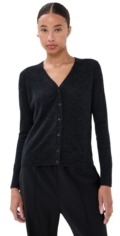 Tibi Skinlike Mercerized Wool V Neck Shrunken Cardigan Charcoal