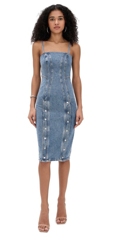 Fleur du Mal Colored Denim Snap Dress Acid Blue Denim