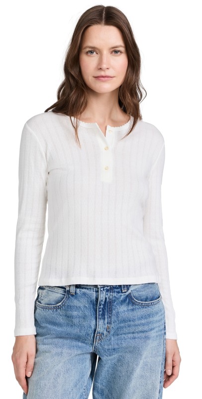 Leset Pointelle Long Sleeve Henley White