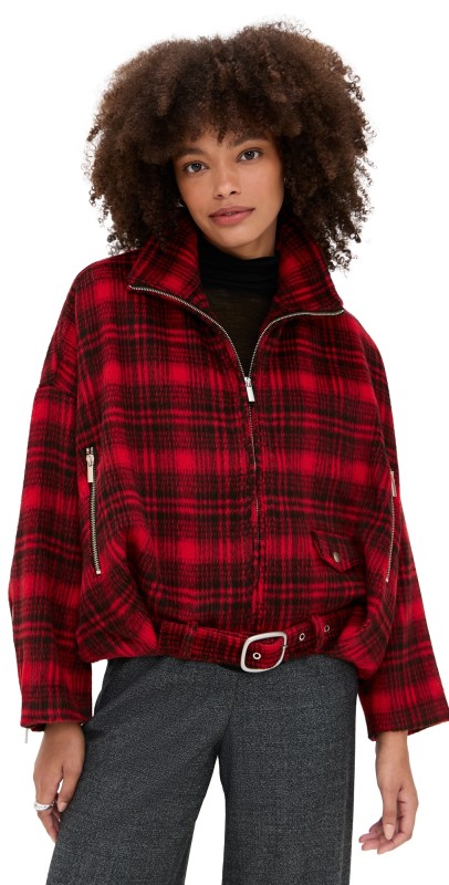 MEIMEIJ Checkered Oversized Blouson Belted Bomber Red and Black