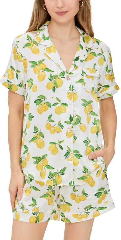 Petite Plume Silk Classic Short Set in Amalfi Lemons White