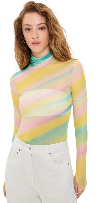 AFRM Zadie Turtleneck Mesh Top Rainbow Stripe