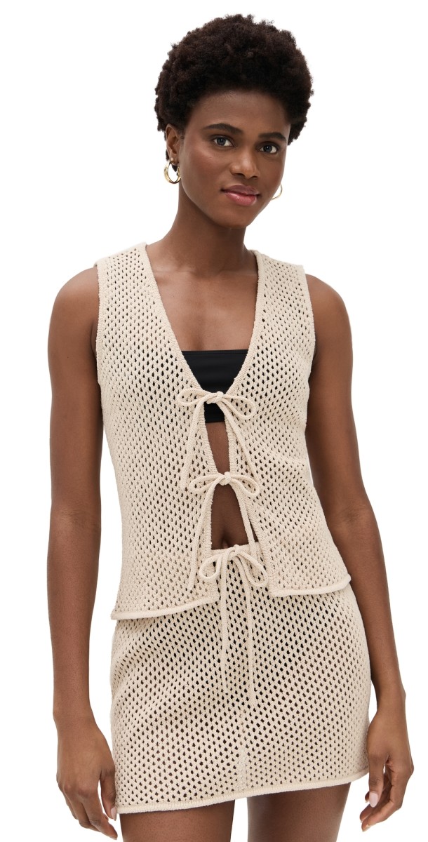 Onia Crochet Knit Tie Front Top Sandshell
