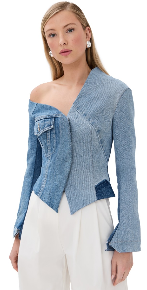 A. W.A. K.E. MODE Upcycled Denim Off Shoulder Jacket Blue Denim