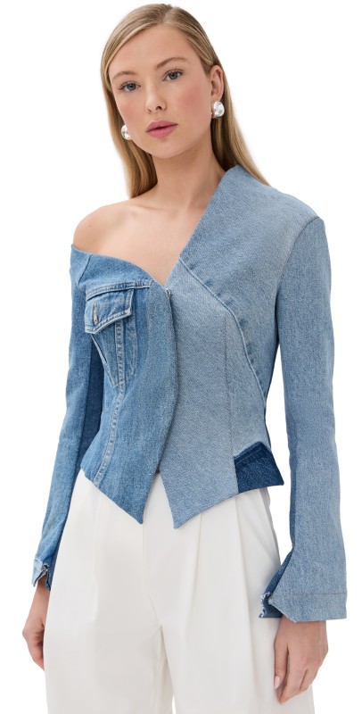 A. W.A. K.E. MODE Upcycled Denim Off Shoulder Jacket Blue Denim