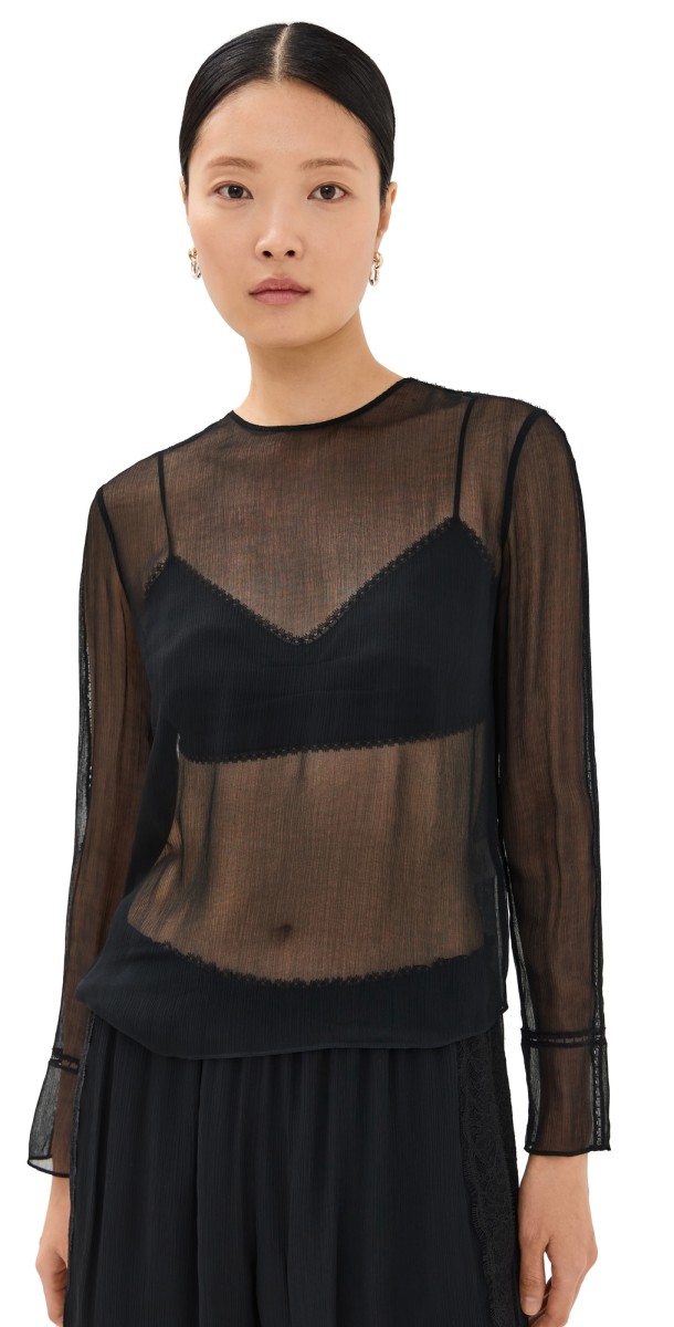 Vince Sheer Lace Trim Top Black
