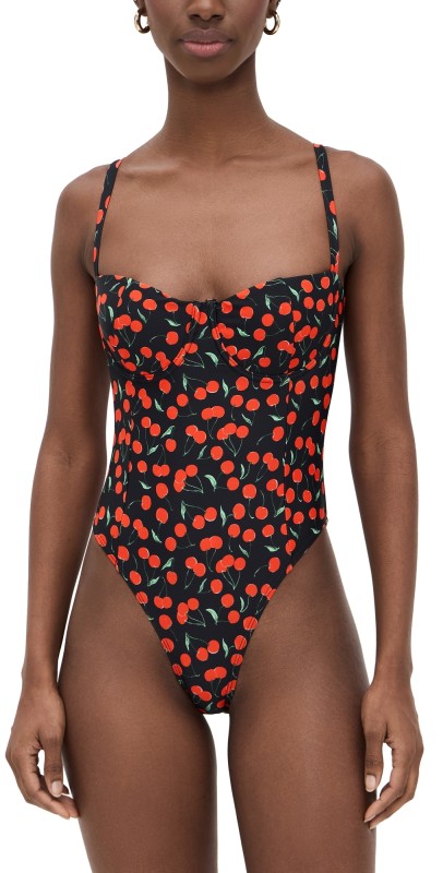 Good American Cherry Square Neck Support One Piece Black Cherries