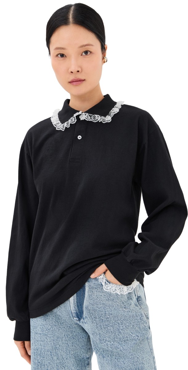 Tanner Fletcher Cletus Lace Trim Long Sleeve Polo Black