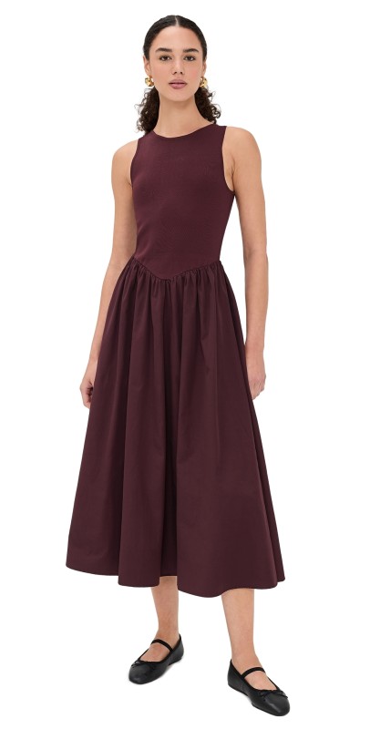 Moon River Mixed-Media Midi Dress Oxblood