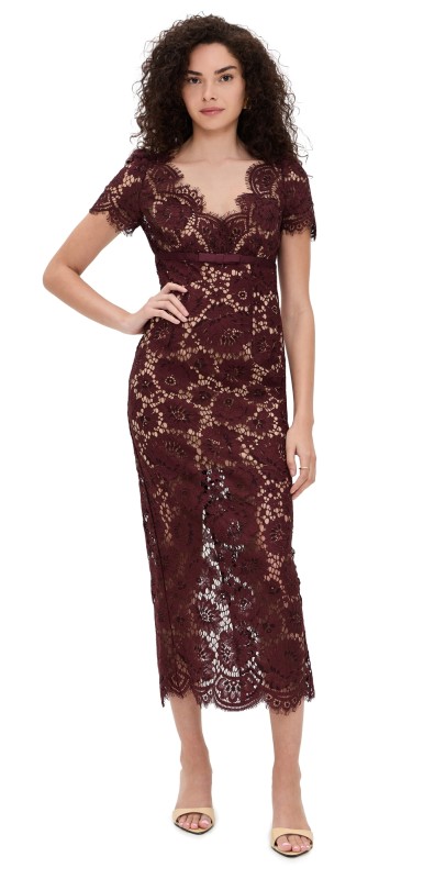Self Portrait Burgundy Floral Lace Midi Dress Red