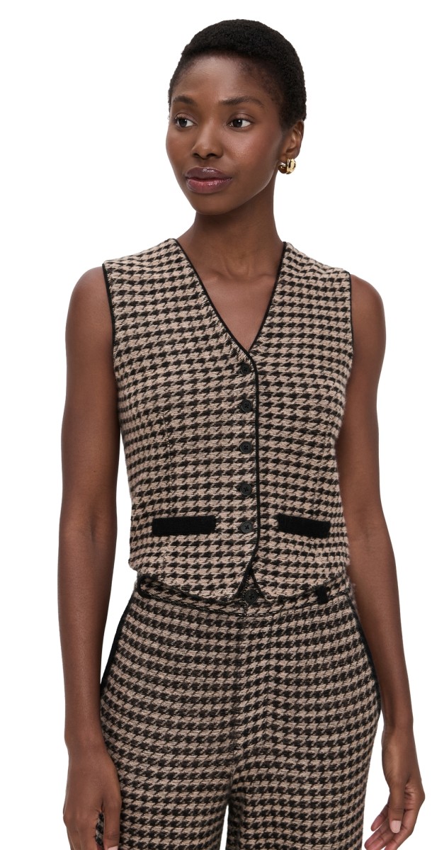 Guest in Residence Houndstooth Tailored Cashmere Vest Black/Dune