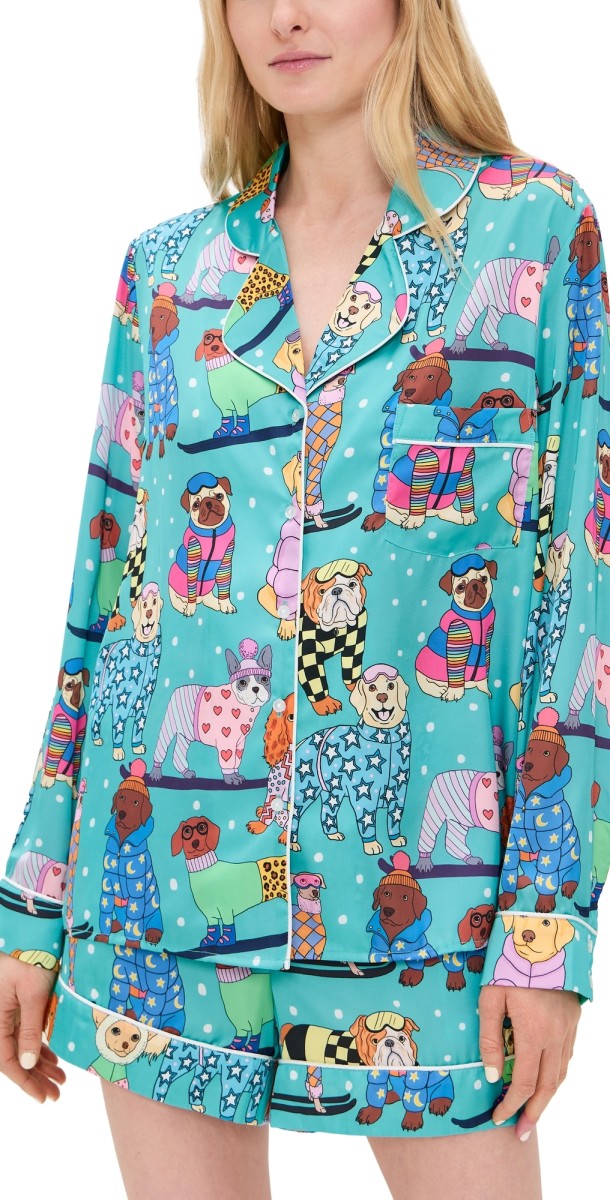 Karen Mabon Skiing Dogs Shorts Pajama Set Teal