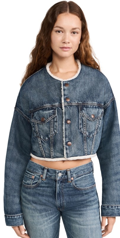 Denimist Oversized Cropped Denim Jacket Eldon w/ Sherpa Lining