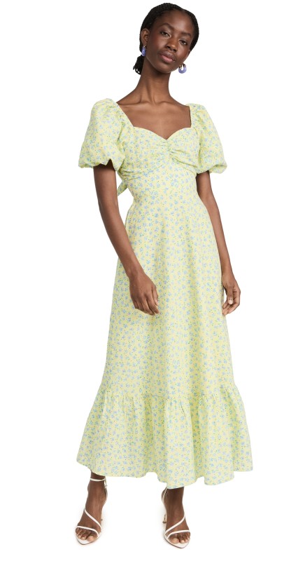 English Factory Floral Back Tiered Midi Dress Yellow Multi