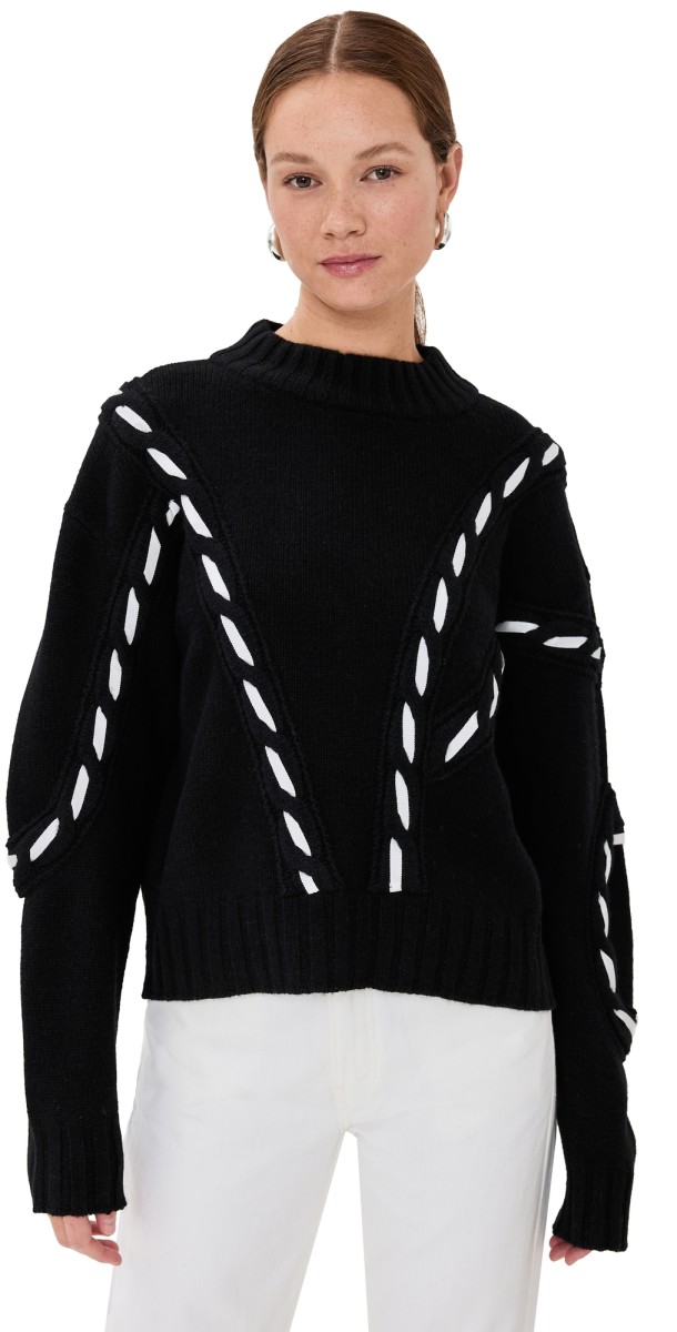 Prabal Gurung Contrast Cable Mock Neck Sweater Black/White