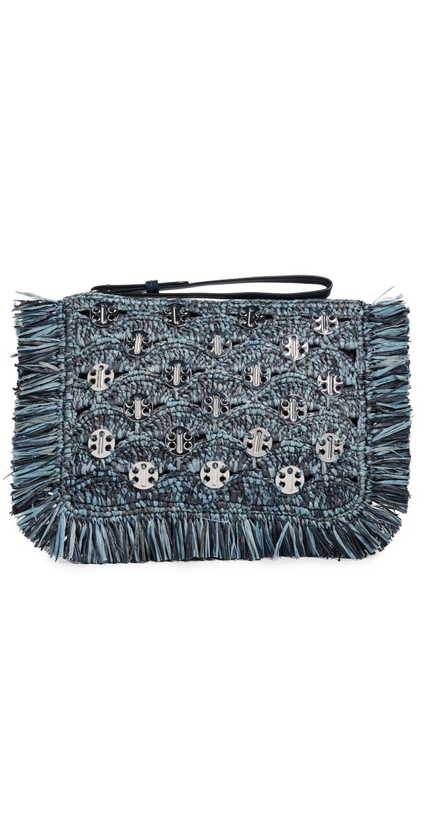 rabanne Raffia Pouch Blue Denim Silver