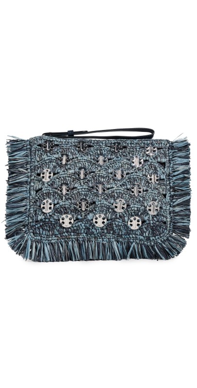 rabanne Raffia Pouch Blue Denim Silver