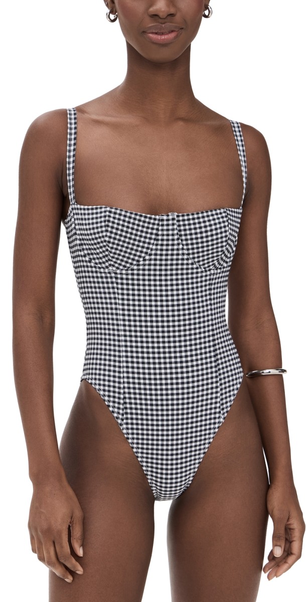 Good American Gingham Square Neck Support One Piece Black Gingham
