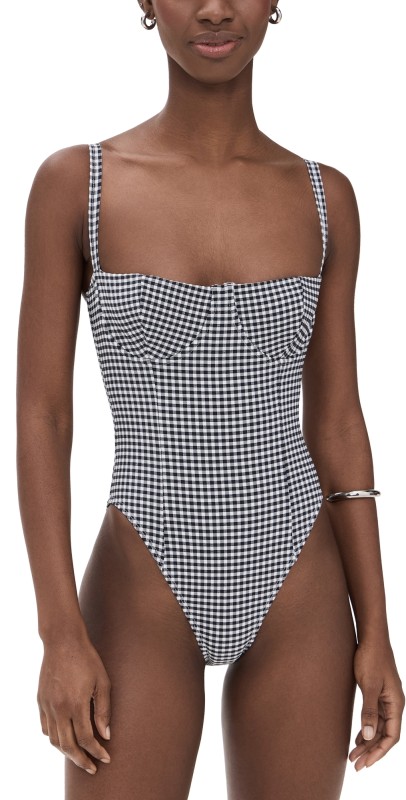 Good American Gingham Square Neck Support One Piece Black Gingham