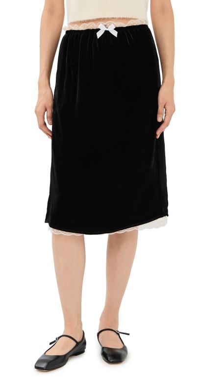 Tanner Fletcher Celerie Lace Trim Velvet Slip Skirt Black