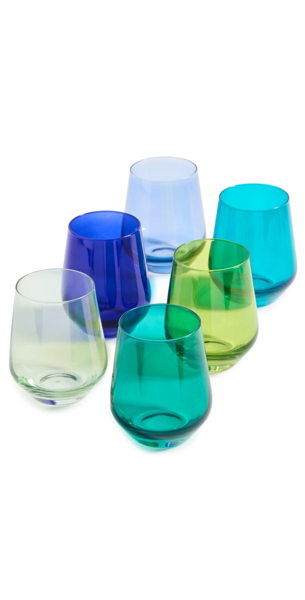 Estelle Colored Glass Stemless Set of 6 E Grn/C Bl/M Grn/F Grn/R Bl/Tl